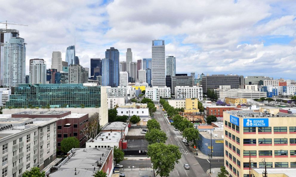 PHOTO: Traffic remains light on roads and freeways in Los Angeles, California, on May 12, 2020, amid the coronavirus pandemic.