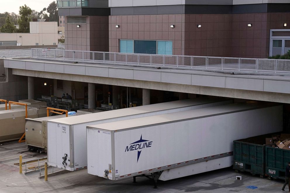 PHOTO: Trailers are parked at the Los Angeles County-USC Medical Center hospital amid the global coronavirus COVID-19 pandemic, Jan 7, 2020, in Los Angeles.