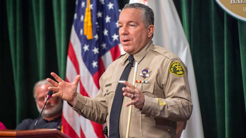 PHOTO: County Sheriff Alex Villanueva speaks during a press conference in Los Angeles, June 23, 2021.