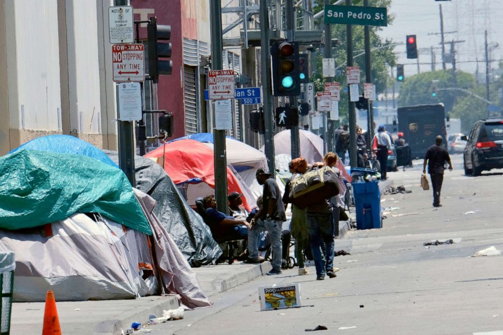 PHOTO: Tents housing homeless line a street in downtown Los Angeles, May 30, 2019.