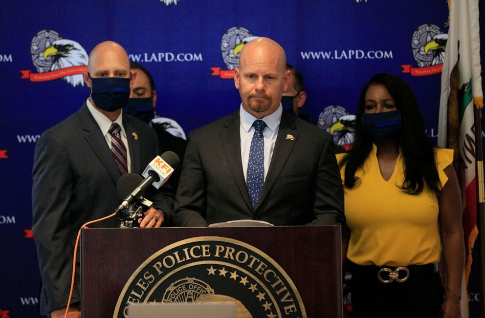 PHOTO: Jamie McBride, leader of Los Angeles Police Protective League, LAPPL, the union that represents Los Angeles Police Department officers, speaks at a news conference, June 5, 2020, at the LAPPL offices in Los Angeles.