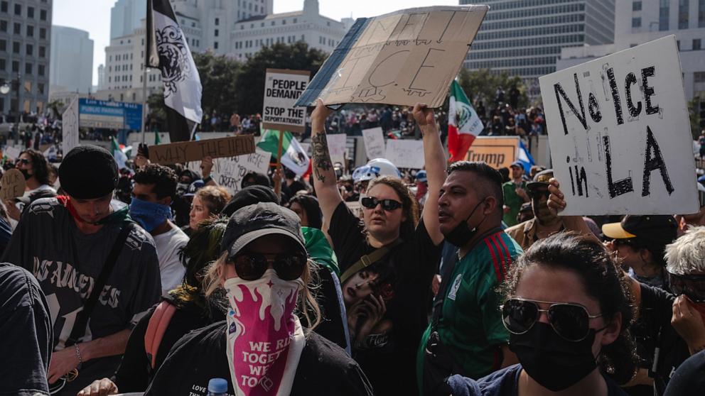 PHOTO: Protesters gather outside of the Robert Young Federal Building on June 9, 2025 in Downtown Los Angeles, California. 