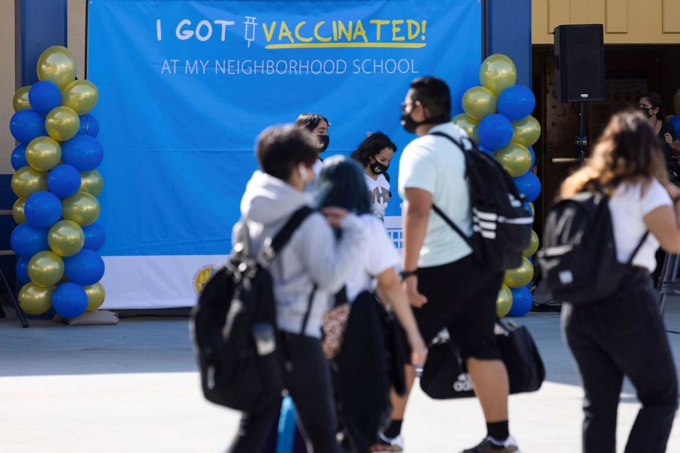 PHOTO: Mobile vaccination teams are setup at Los Angeles Unified middle and high school campus to deliver doses of the coronavirus disease (COVID-19) vaccines to students as they return to in-person classes in Los Angeles, Aug. 30, 2021.