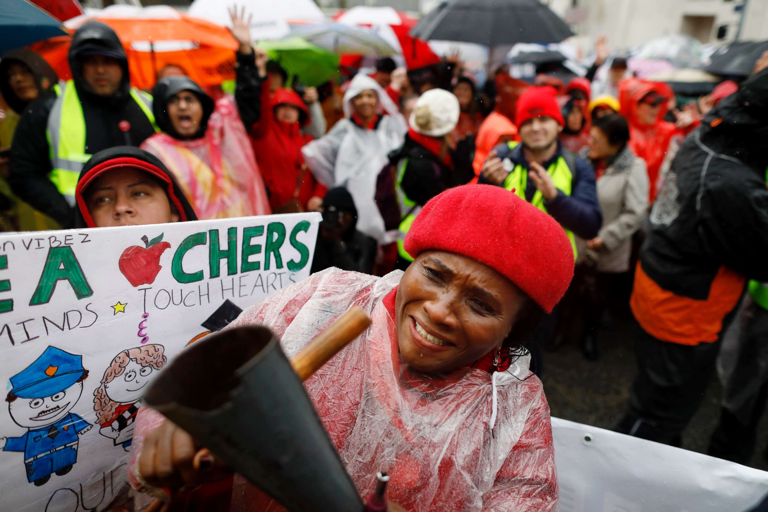 PHOTO: Teacher Nkechi Apakama along with Los Angeles Unified School District teachers and supporters gather at Los Angeles Unified School District headquarters on Jan. 14, 2019.