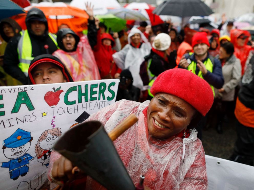 PHOTO: Teacher Nkechi Apakama along with Los Angeles Unified School District teachers and supporters gather at Los Angeles Unified School District headquarters on Jan. 14, 2019.