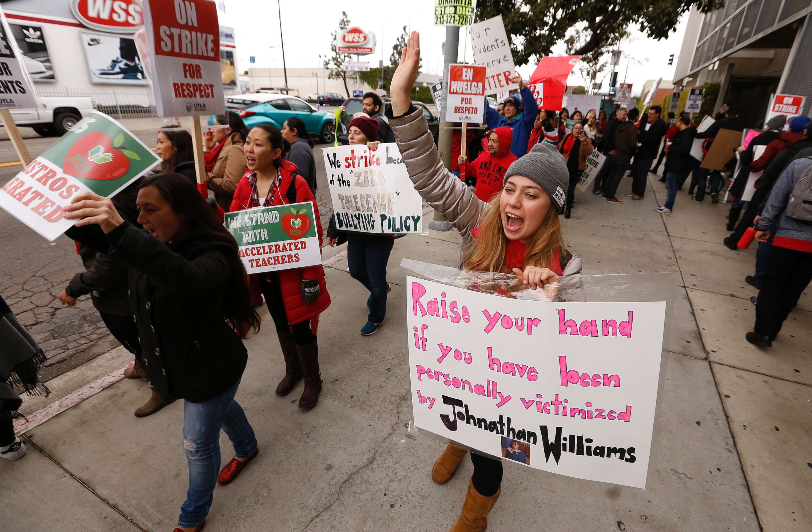 PHOTO: A kindergarten teacher at The Accelerated Schools, a community of public charter schools in South Los Angeles joins fellow teachers as they picket outside the school on second day of the Los Angeles school teachers strike, Jan. 15, 2019.