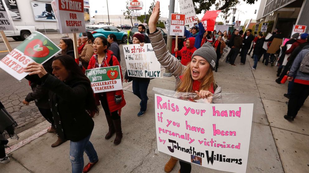 PHOTO: A kindergarten teacher at The Accelerated Schools, a community of public charter schools in South Los Angeles joins fellow teachers as they picket outside the school on second day of the Los Angeles school teachers strike, Jan. 15, 2019.