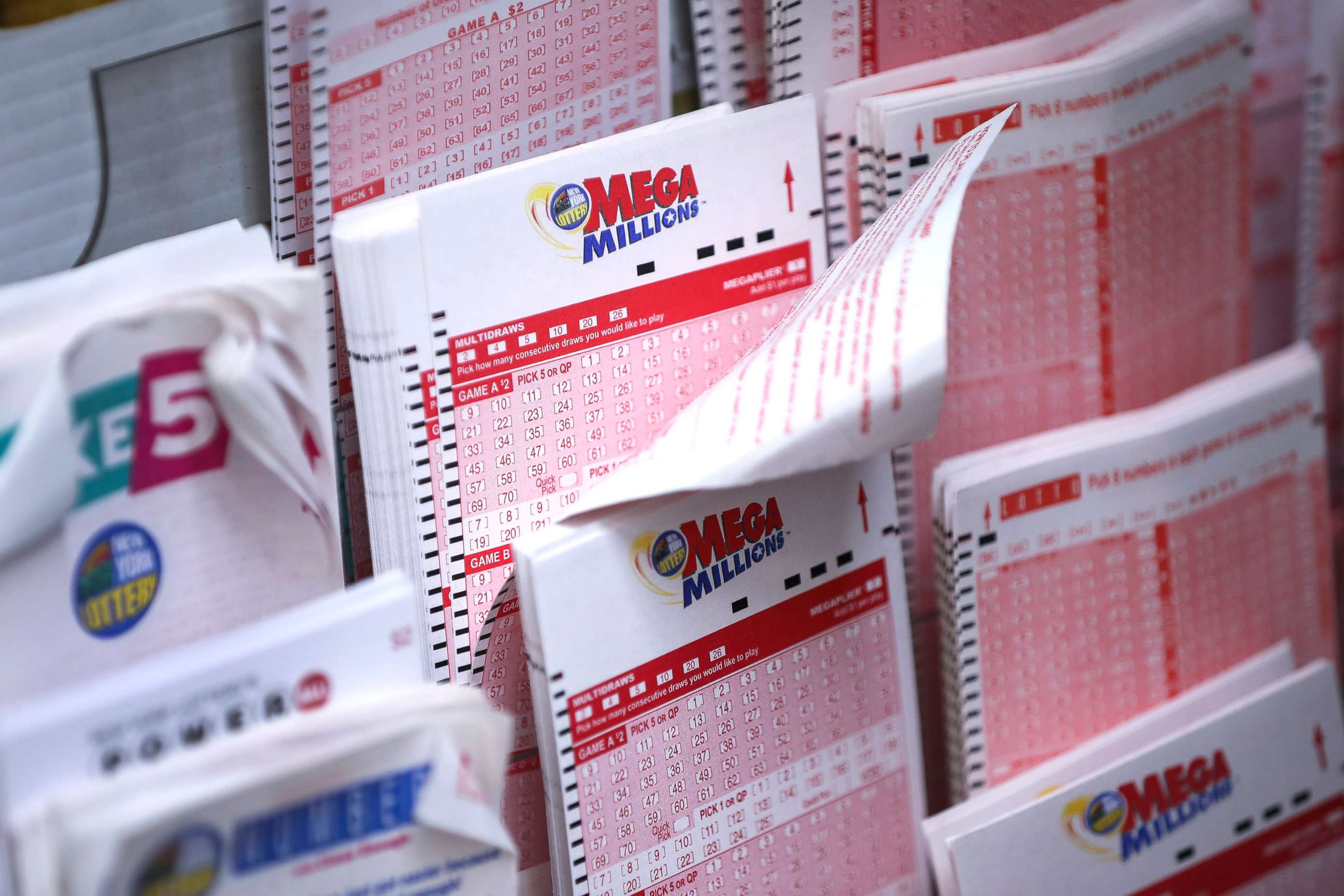 PHOTO: Mega Millions lottery tickets sit inside a convenience store in Lower Manhattan, Oct. 23, 2018, in New York.