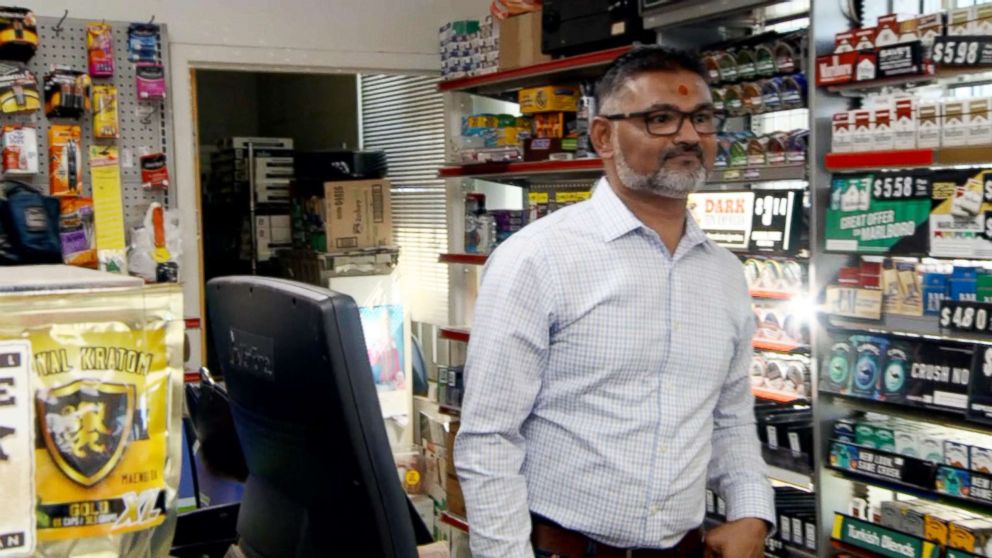 PHOTO: Mart C.J. Patel, who stands to get a $50,000 commission for selling the winning ticket speaks to the media at his store.