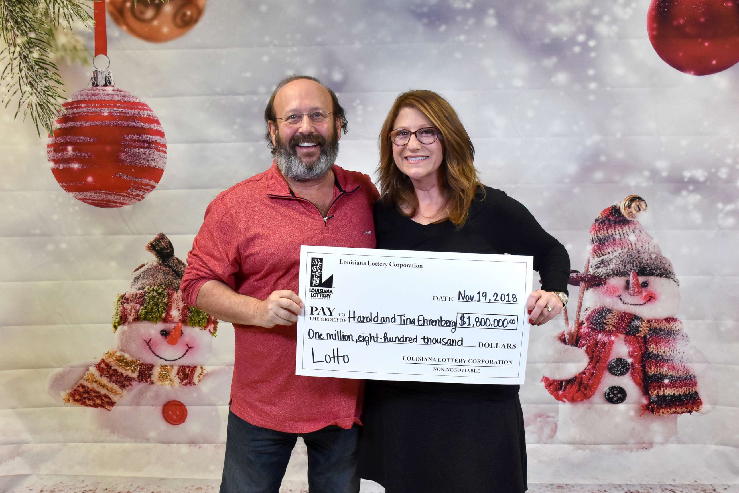 PHOTO: Harold and Tina Ehrenberg claimed $1.8 million jackpot-winning ticket on Nov. 19, 2018 after they found the ticket for the June 6 Louisiana Lottery Lotto drawing while they were cleaning their home to welcome family for thanksgiving.