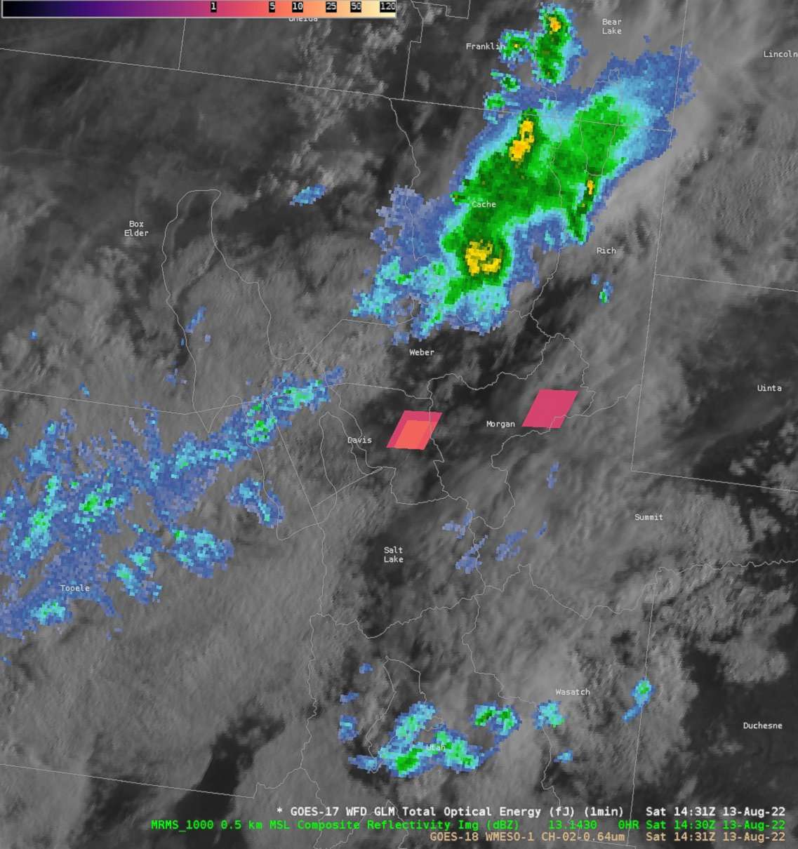 PHOTO: A GOES-17 Lightning Mapper provided by the NWS Salt Lake City Utah shows two reddish pixels over Davis and Morgan counties not associated with evidence of thunderstorm activity in satellite or radar and could indicate meteor trail or flash.