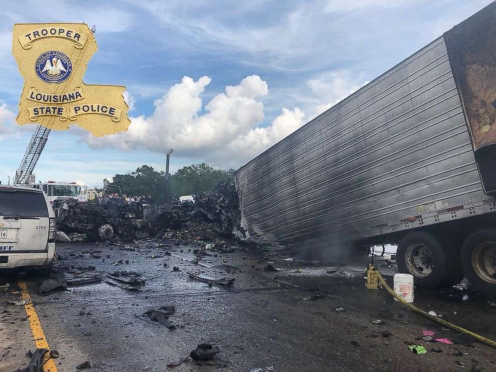 Four people were killed and 13 injured in a fiery crash near Covington, Louisiana, on Saturday, May 26, 2018.