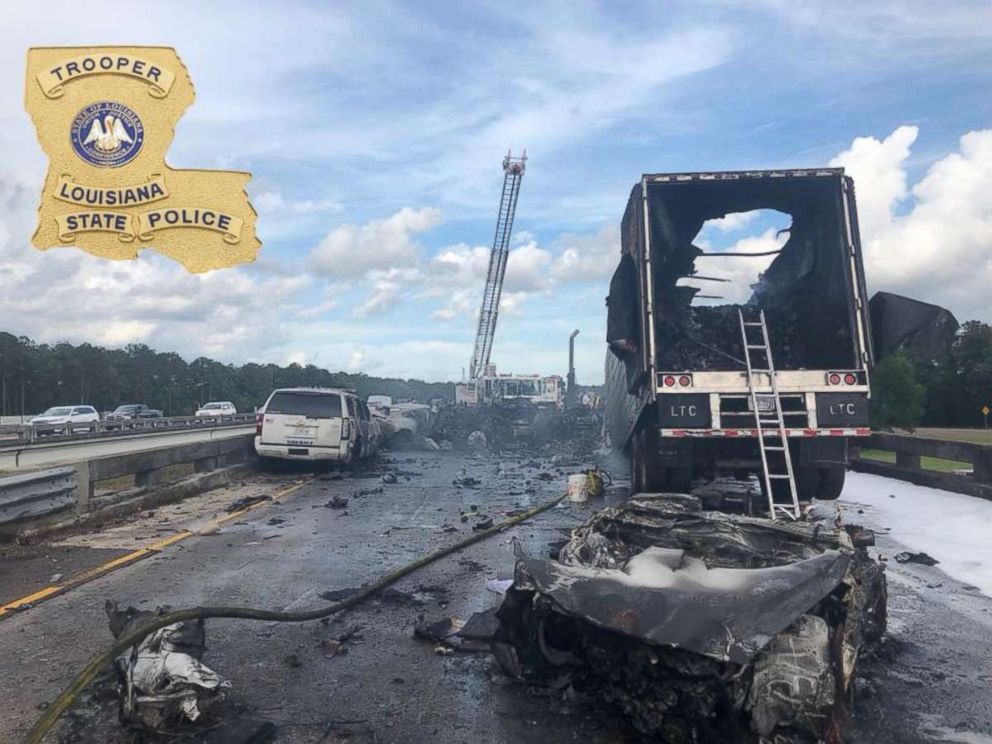 Four people were killed and 13 injured in a fiery crash near Covington, Louisiana, on Saturday, May 26, 2018.