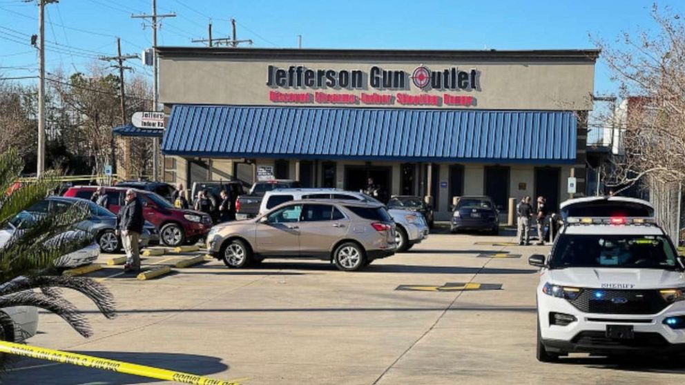 PHOTO: Three people were killed, including the gunman, after a shooting outside Jefferson Gun Outlet in Metairie, La., on Feb. 20, 2021.