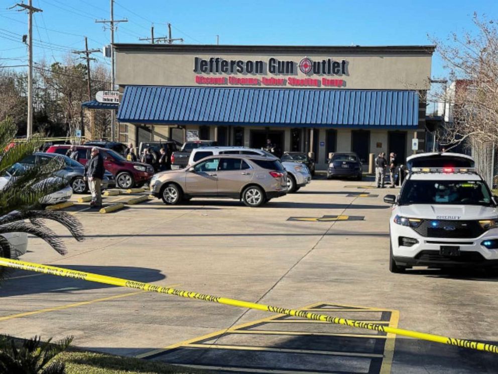 PHOTO: Three people were killed, including the gunman, after a shooting outside Jefferson Gun Outlet in Metairie, La., on Feb. 20, 2021.