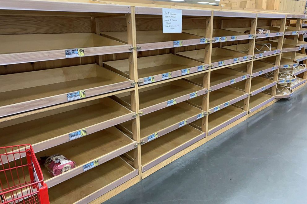 PHOTO: Empty bread shelves at a Trader Joe's supermarket, low on supplies due to inclement weather, is seen in Metairie, La., Feb. 18, 2021.