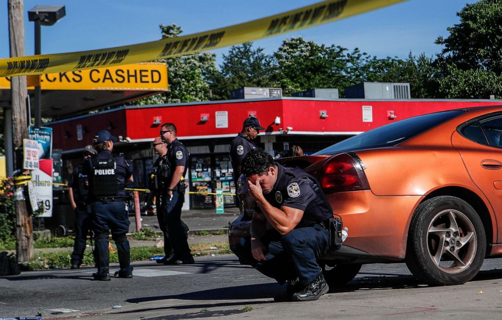 PHOTO: Louisville police stand guard at an intersection in Louisville, Ky., on June 1, 2020, after David McAtee, 53, the owner of YaYa's BBQ, was shot and killed by National Guard personnel.