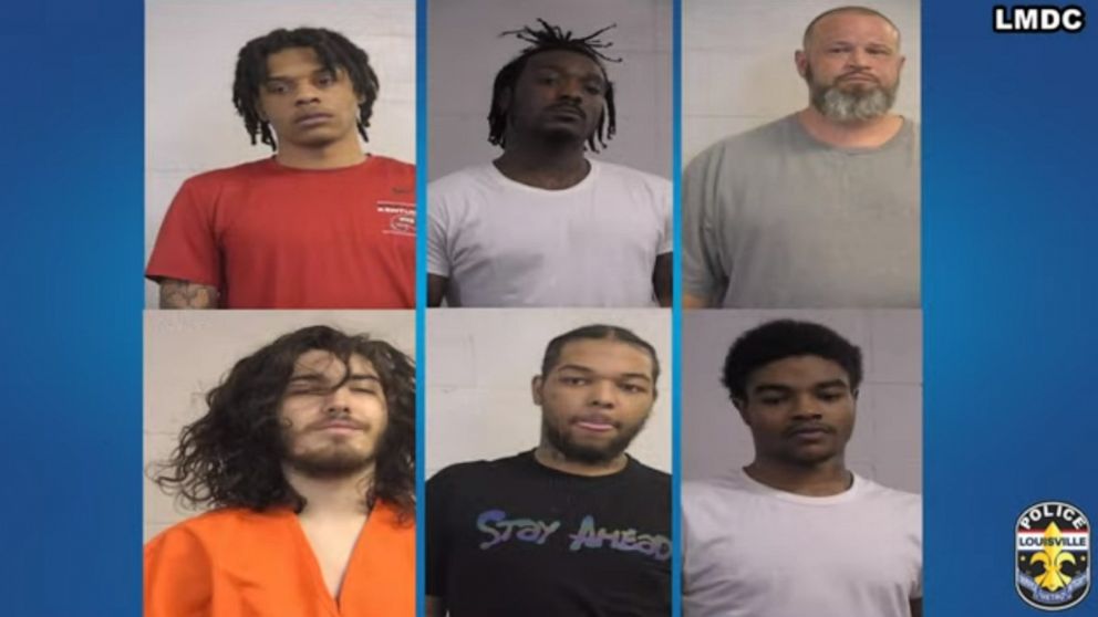 PHOTO: The Louisville Metro Police Department released the booking photos for six men arrested in connection with a Jan. 1 shooting. Clockwise from top left: Brandon Walton, Shawn Martin, Nathan Wolz, Dorius Robinson, Tevin Smyzer, and Justyn Walls.