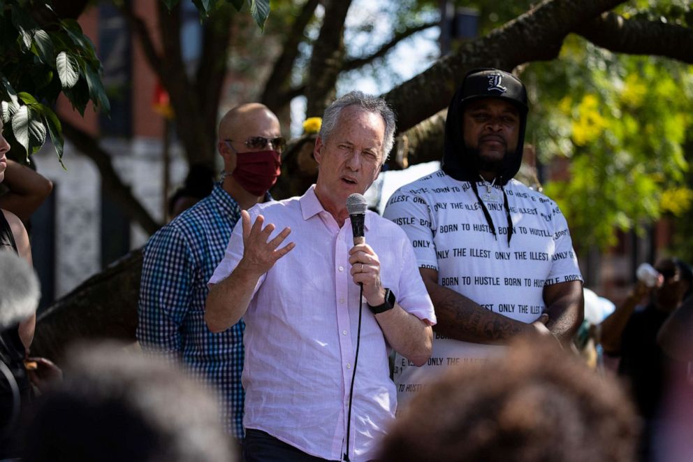 PHOTO: Louisville Mayor Greg Fischer speaks to a group gathered for a vigil in memory of Breonna Taylor on June 6, 2020, in Louisville, Ky.