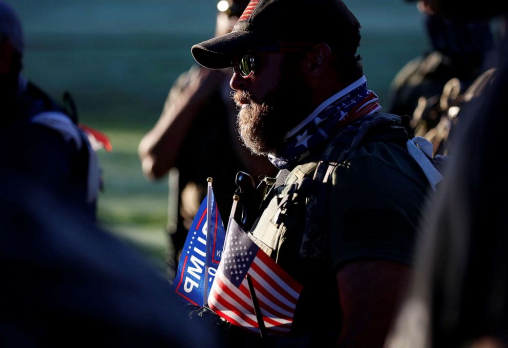 PHOTO: Far-right activist and self-described militia members gather for a rally on the day of the Kentucky Derby horse race in Louisville, KY., Sept. 5, 2020.