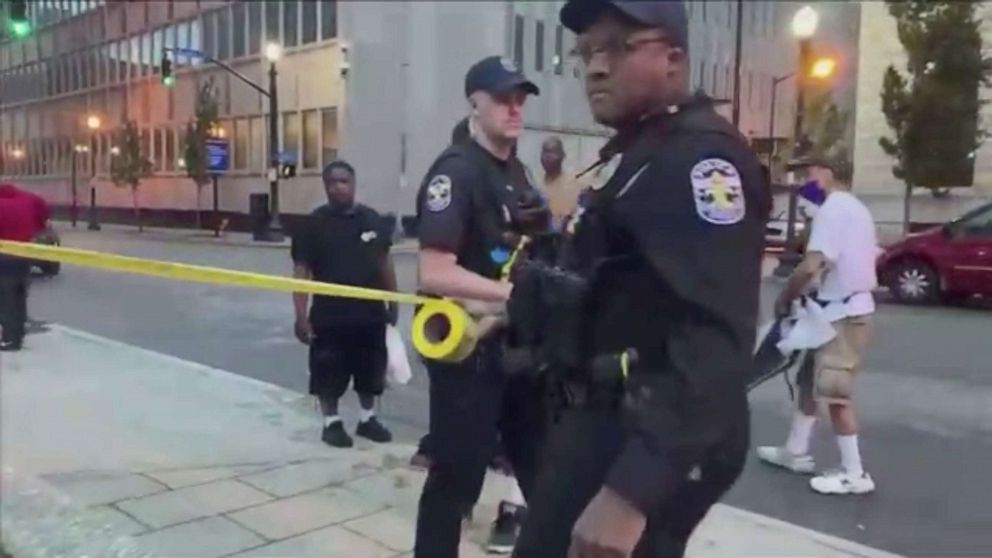 PHOTO: Police cordon off the area after a fatal shooting at Jefferson Square Park, in Louisville, Kentucky, U.S., June 27, 2020 in this still image obtained from social media video. 