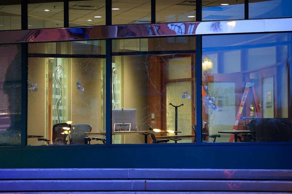 PHOTO: Windows are full of bullet holes at the Old National Bank after a shooting in Louisville, Ky., on April 10, 2023.