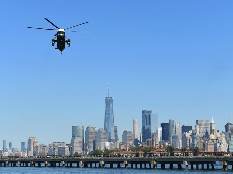 PHOTO: Marine One, with President Donald Trump on board, flies past the Manhattan skyline as it heads to the Liberty Park landing zone in Jersey City, N.J., Sunday, Oct. 1, 2017.