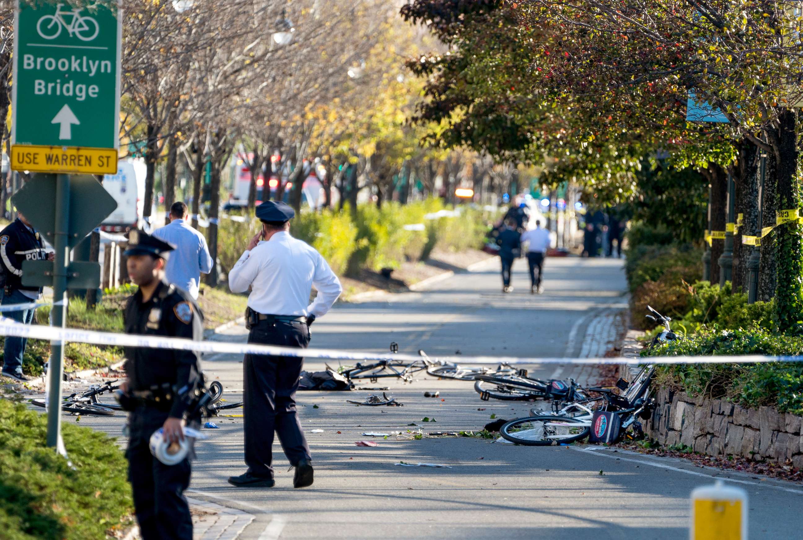 PHOTO: Bicycles and debris lay on a bike path after a motorist drove onto the path near the World Trade Center memorial, striking and killing several people, Oct. 31, 2017.