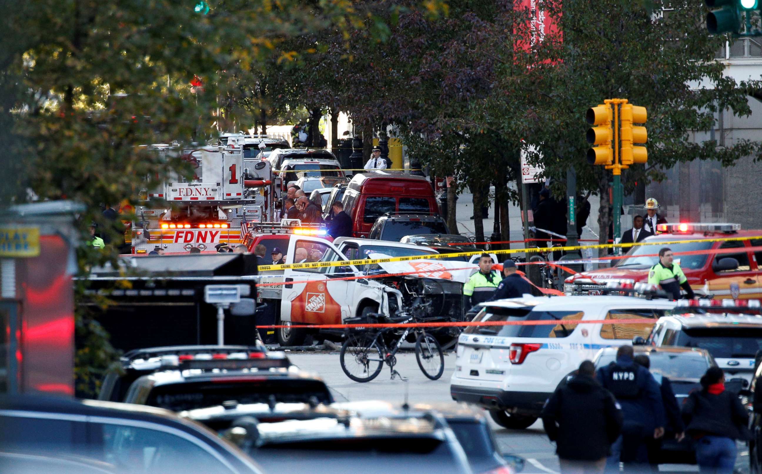PHOTO: A Home Depot truck which drove down the bike path alongside the West Side Highway at full speed and hit several people is seen as New York City first responders are at the crime scene in lower Manhattan in New York, Oct. 31, 2017.  