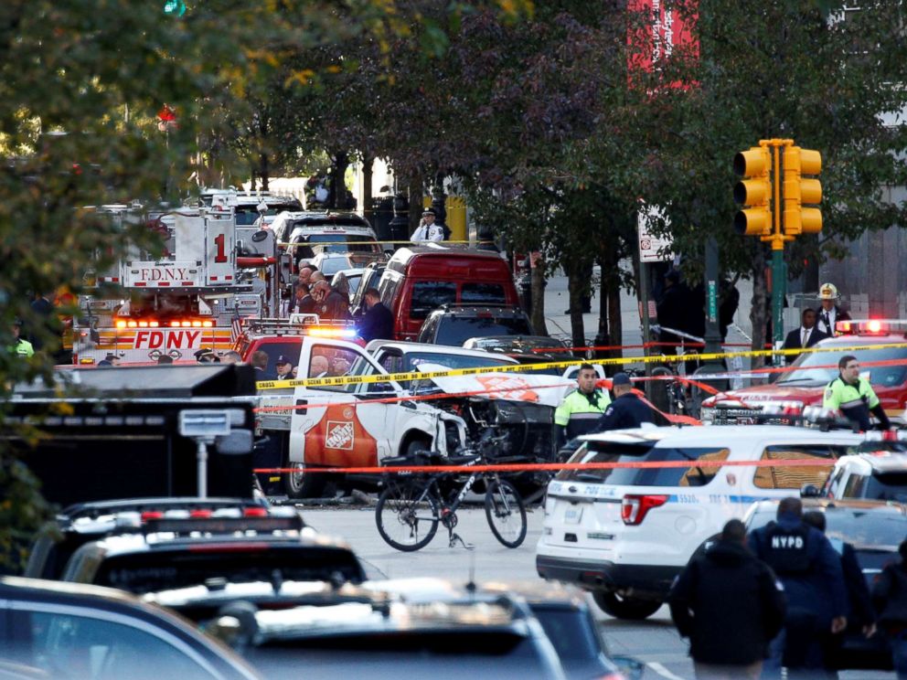 PHOTO: A Home Depot truck which drove down the bike path alongside the West Side Highway at full speed and hit several people is seen as New York City first responders are at the crime scene in lower Manhattan in New York, Oct. 31, 2017.