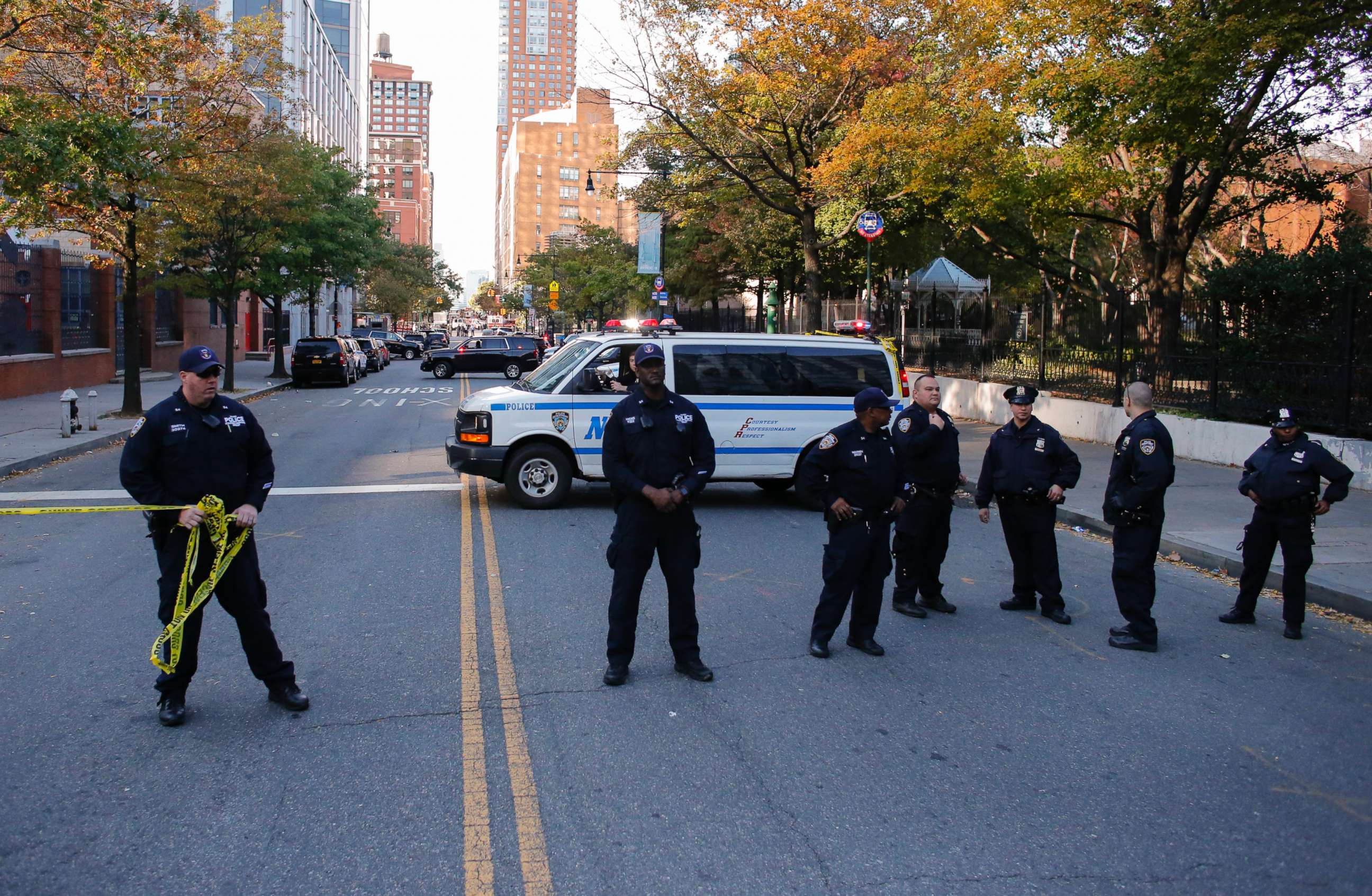 PHOTO: NYPD officers respond after reports of multiple people hit by a truck after it plowed through a bike path in lower Manhattan, Oct. 31, 2017 in New York City. 