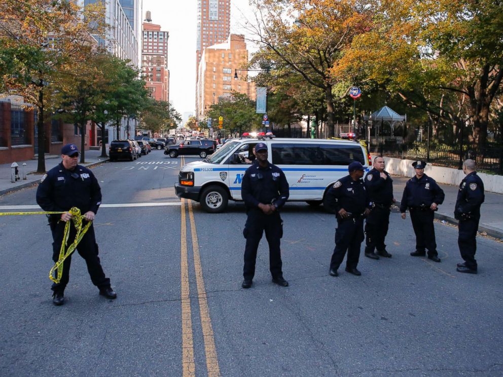 PHOTO: NYPD officers respond after reports of multiple people hit by a truck after it plowed through a bike path in lower Manhattan, Oct. 31, 2017 in New York City.