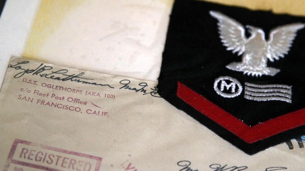 PHOTO: Loyd Leatherman, 90, served as a mailman aboard the U.S.S. Oglethorpe during Word War II. He kept his uniform patch and many of the letters he had sent home while deployed.