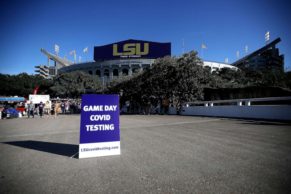 PHOTO: A COVID-19 testing sign is seen in front of Tiger Stadium before the game between Central Michigan and LSU. Sept. 18, 2021, in Baton Rouge, Louisiana.