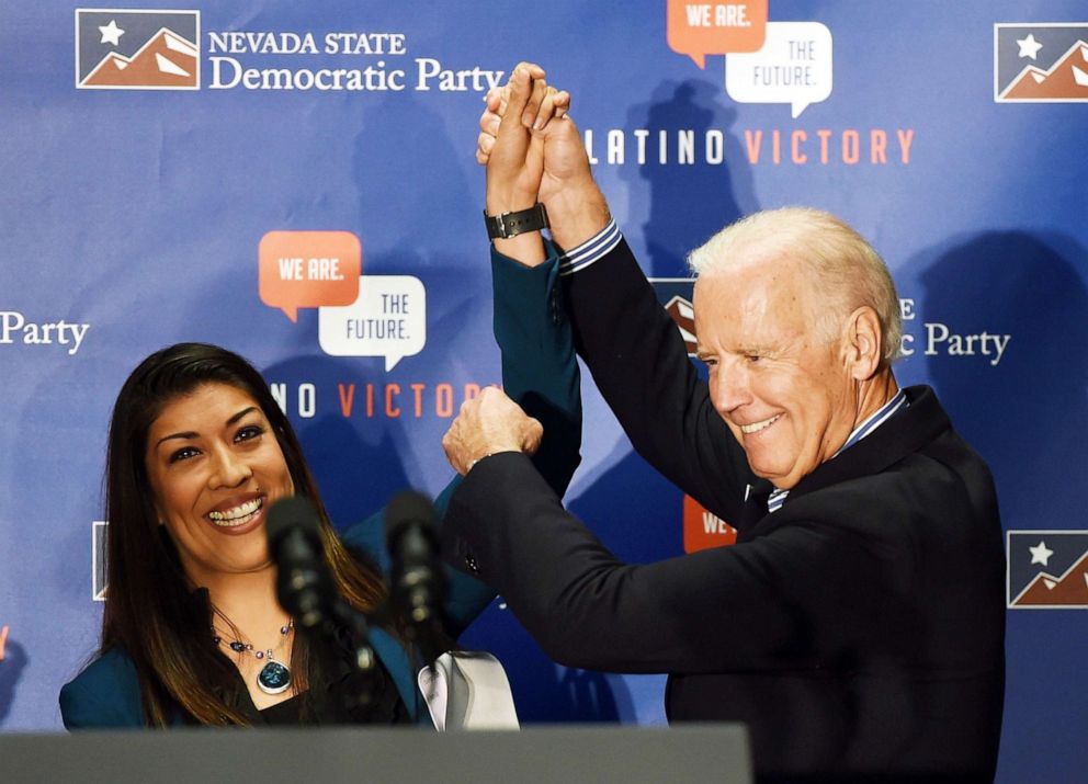 PHOTO: Democratic candidate for lieutenant governor and current Nevada Assemblywoman Lucy Flores introduces U.S. Vice President Joe Biden at a get-out-the-vote rally in Las Vegas, Nov. 1, 2014 .