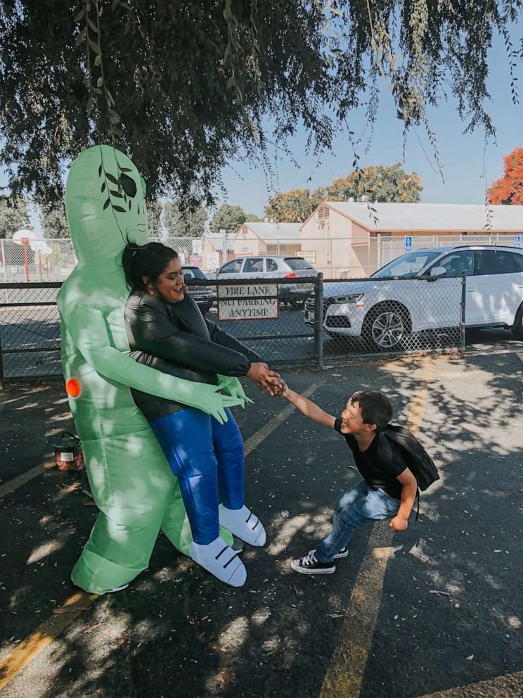 PHOTO: 	
Lucy Georgescu dressed up in various costumes to pick her son, Jacob, up from Carpenter Elementary School in Downey, California. The working mother said she wanted to make school pickup special for him.