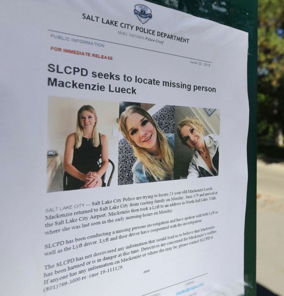 PHOTO: In this June 24, 2019 file photo, a poster is seen of Mackenzie Lueck at Liberty Park in Salt Lake City.