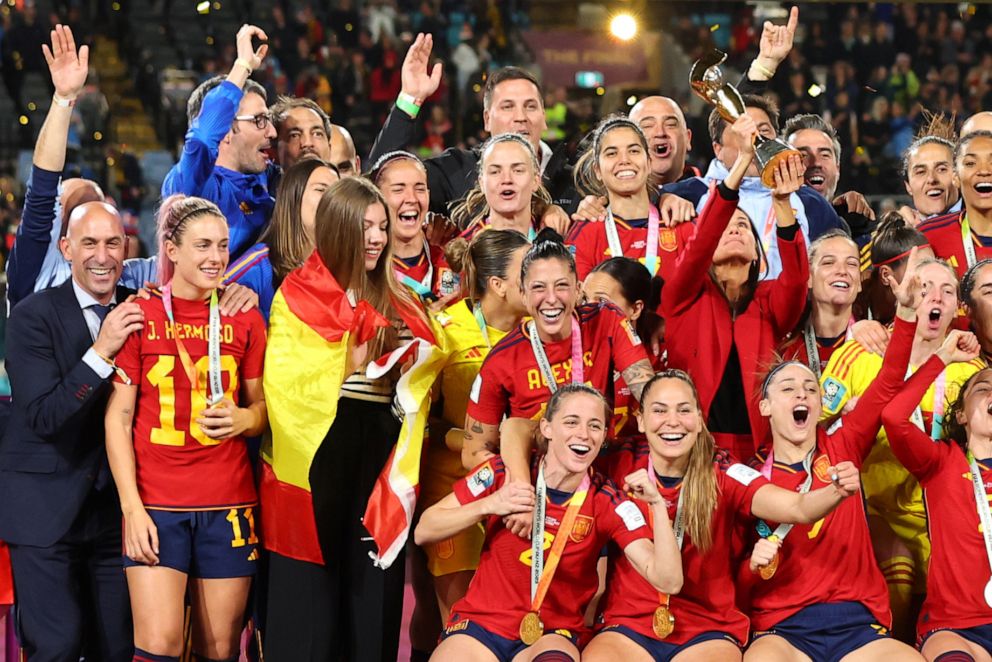 PHOTO: Luis Rubiales, President of Spain's football federation, celebrates with the squad after the FIFA Women's World Cup Australia & New Zealand 2023 Final match between Spain and England at Stadium Australia on Aug. 20, 2023, in Sydney, Australia.