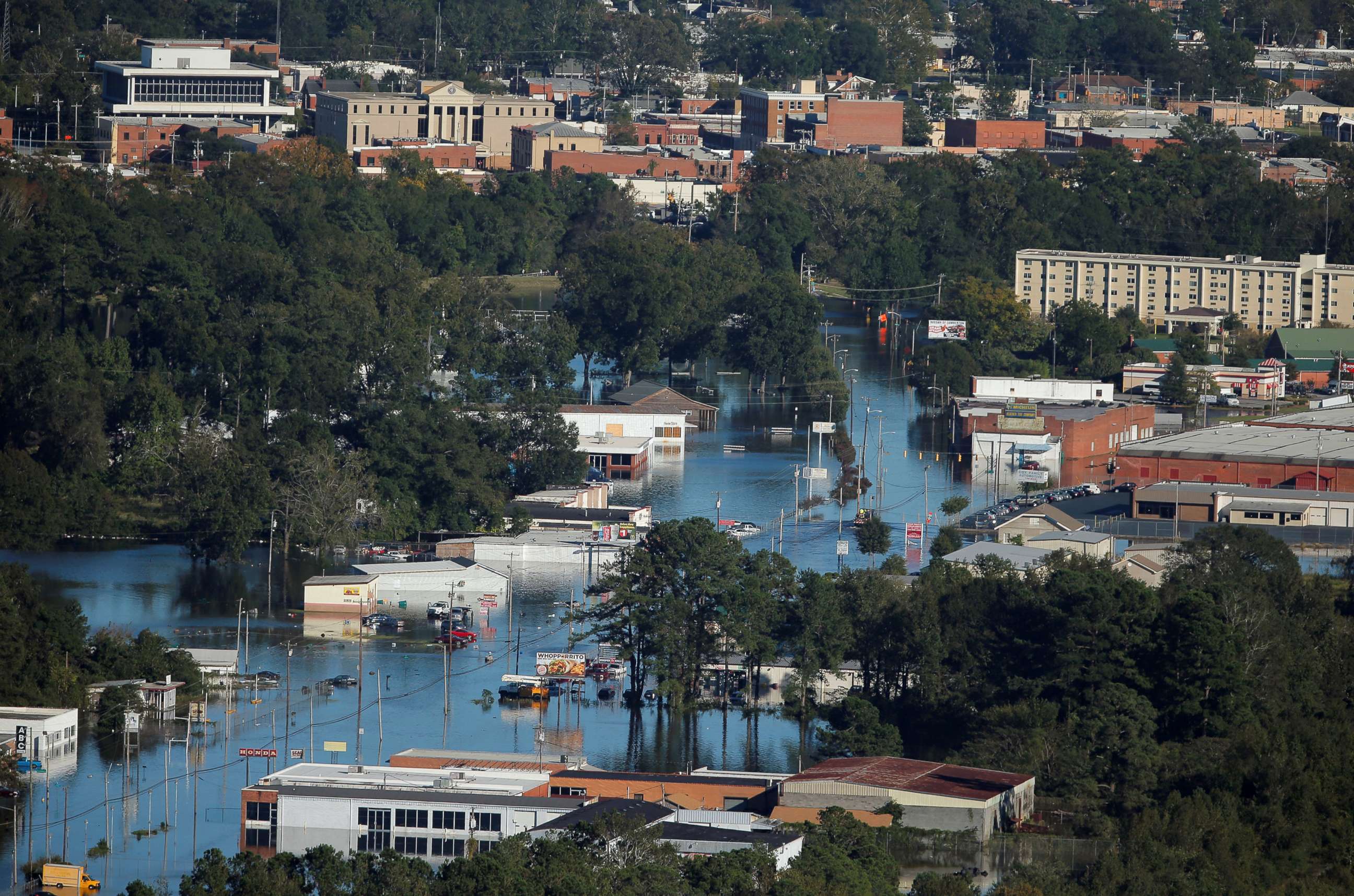 PHOTO: An aerial view shows flood waters after Hurricane Matthew in Lumberton, N.C., Oct. 10, 2016.
