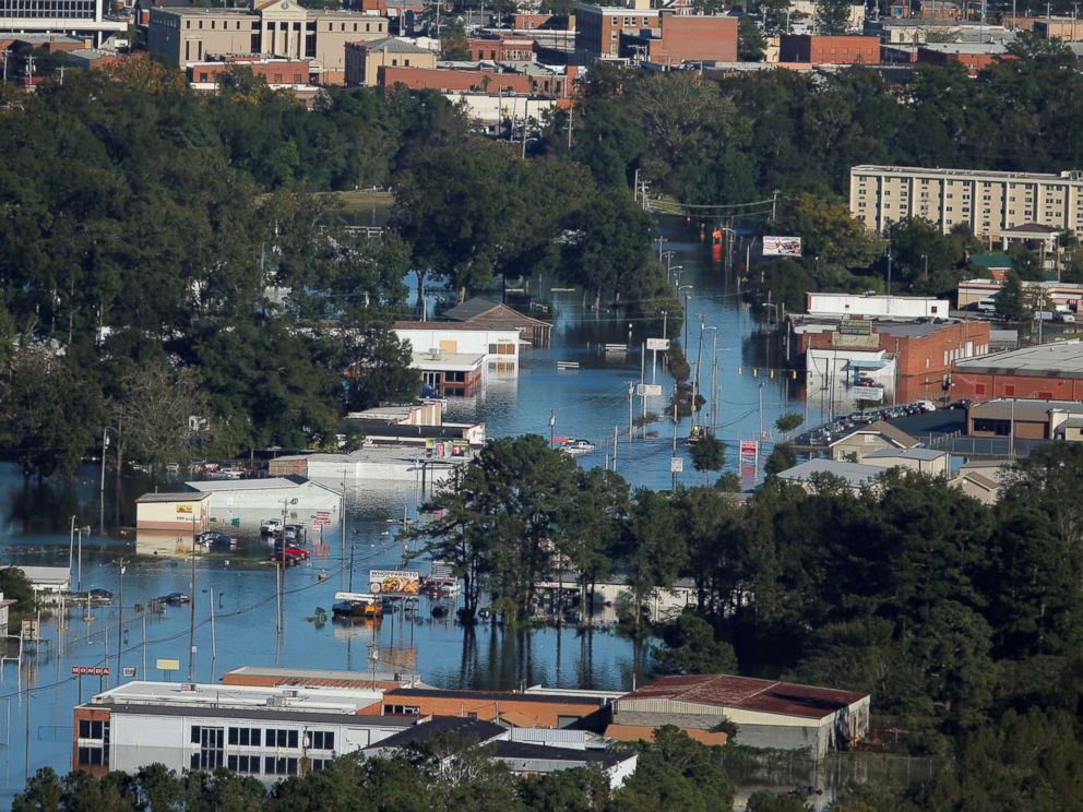 PHOTO: An aerial view shows flood waters after Hurricane Matthew in Lumberton, N.C., Oct. 10, 2016.