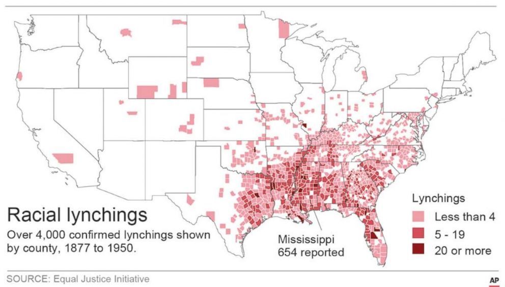 PHOTO: Graphic showing location and number of lynchings on a U.S. map.