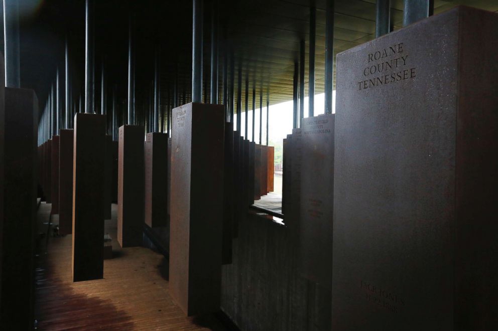 PHOTO: A display at the National Memorial for Peace and Justice, a new memorial to honor thousands of people killed in racist lynchings, Sunday, April 22, 2018, in Montgomery, Ala.