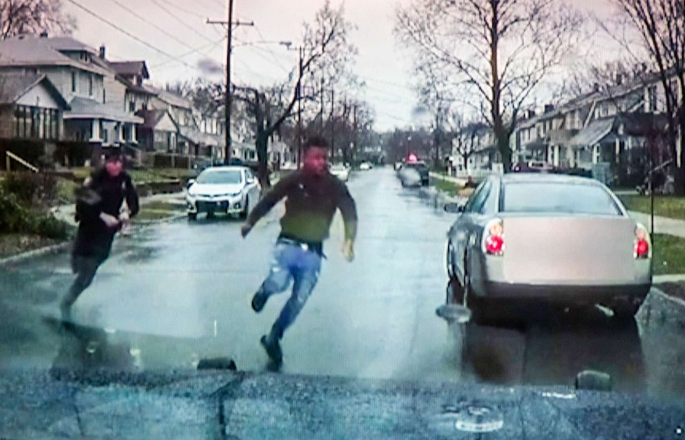 PHOTO: A  monitor displays video evidence of a Grand Rapids police officer struggling with and shooting Patrick Lyoya, during a press conference in Grand Rapids, Mich., April 13, 2022.