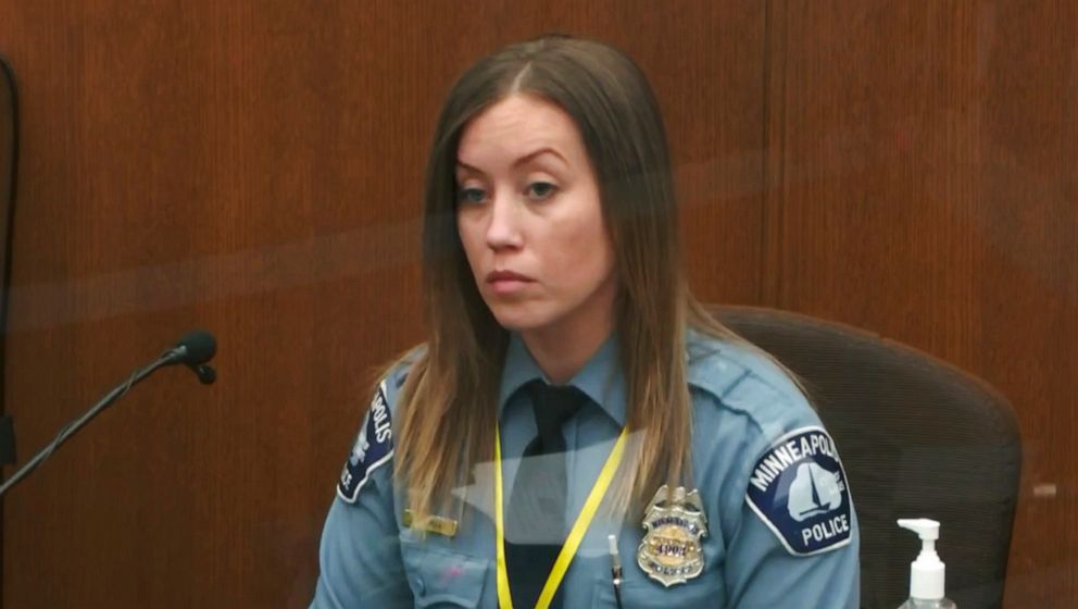PHOTO: Minneapolis Police Officer Nicole Mackenzie testifies on April 6, 2021 in the trial of former Minneapolis police Officer Derek Chauvin at the Hennepin County Courthouse in Minneapolis.
