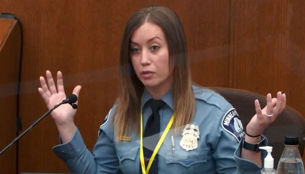 PHOTO: Minneapolis Police Officer Nicole Mackenzie testifies, April 6, 2021, in the trial of former Minneapolis police Officer Derek Chauvin at the Hennepin County Courthouse in Minneapolis.