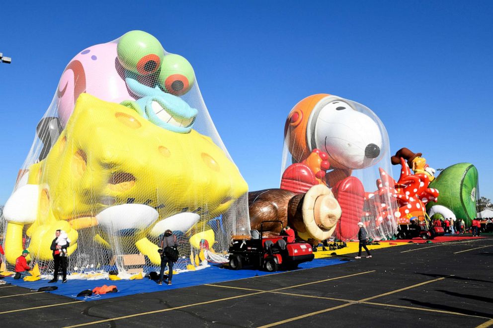 PHOTO: Balloons are inflated as Macys unveils new giant character balloons for the 93rd annual Macys Thanksgiving Day Parade at MetLife Stadium, Nov. 2, 2019, in East Rutherford, N.J. 