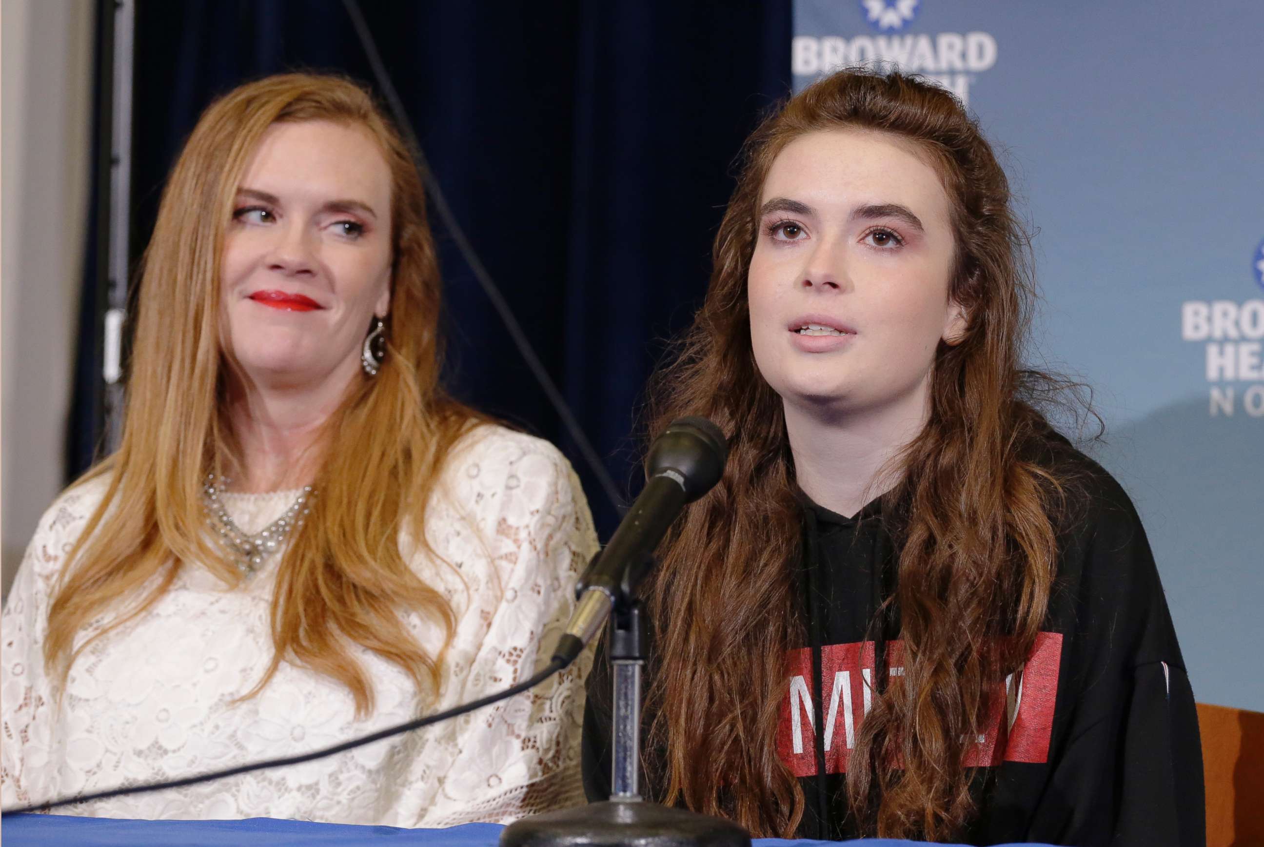 PHOTO: Marjory Stoneman Douglas High School shooting survivor Maddy Wilford speaks to the media during a press conference at Broward Health North in Deerfield Beach, Fla., Feb. 26, 2018.