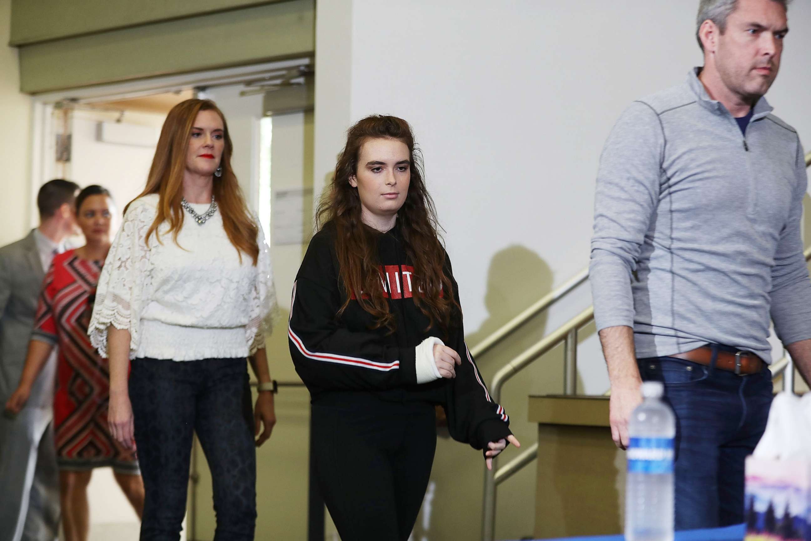 PHOTO: Maddy  Wilford arrives with her parents to speak with the media at Broward Health North where she was treated when she was shot multiple times at Marjory Stoneman Douglas High School, Feb. 26, 2018 in Deerfield Beach, Fla.