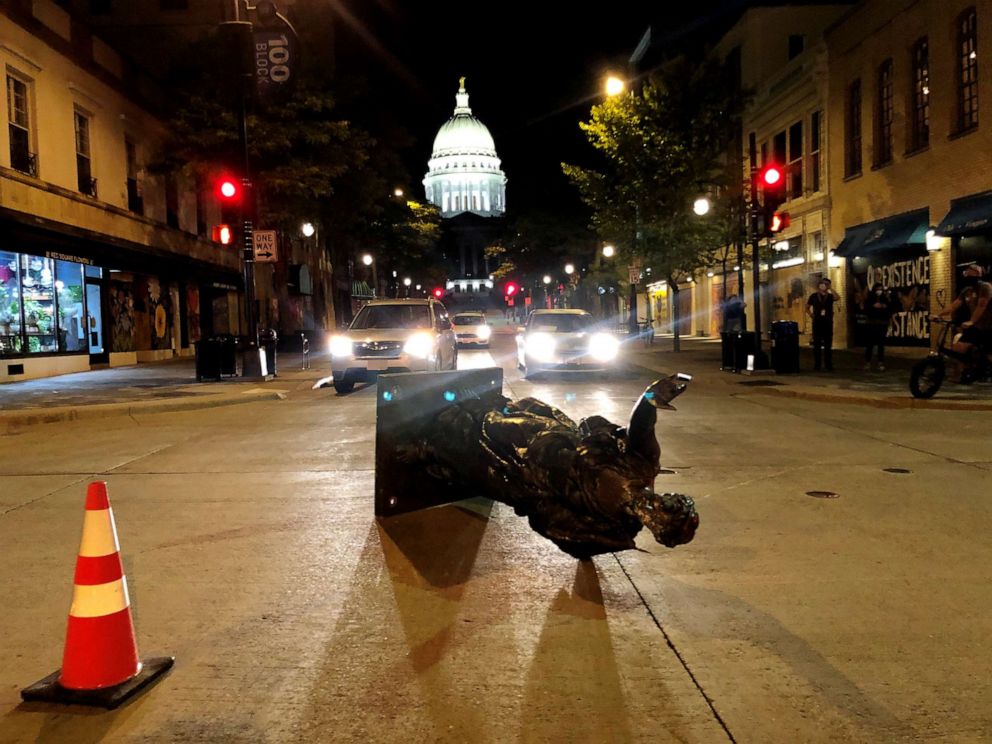PHOTO: The "Forward" statue that typically sits at the top of State Street outside the Wisconsin State Capitol in Madison was torn down by  protesters, June, 23, 2020.