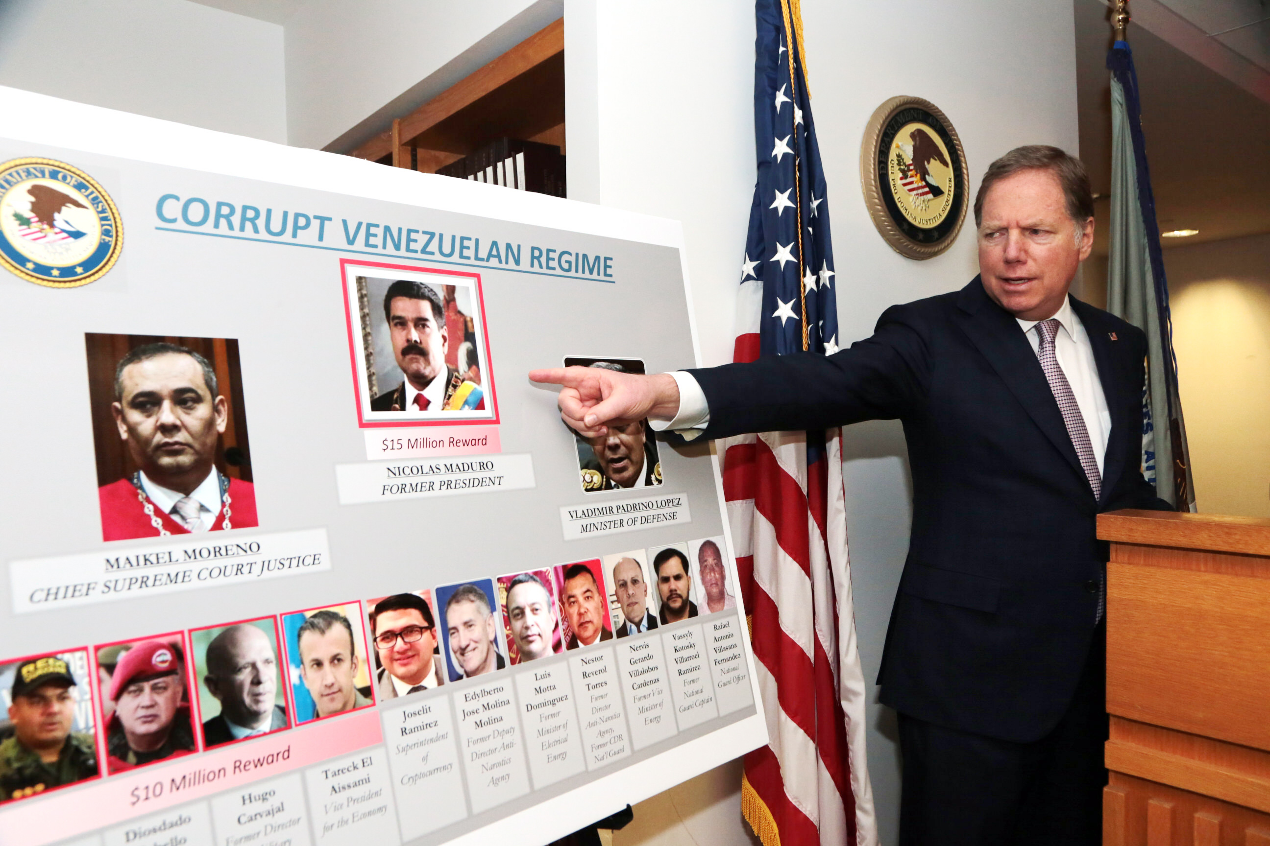 PHOTO: U.S. Attorney Geoffrey Berman of the Southern District of New York announced drug charges against Venezuela's Nicolas Maduro and other Venezuelan government officials, in New York, March 26, 2020.